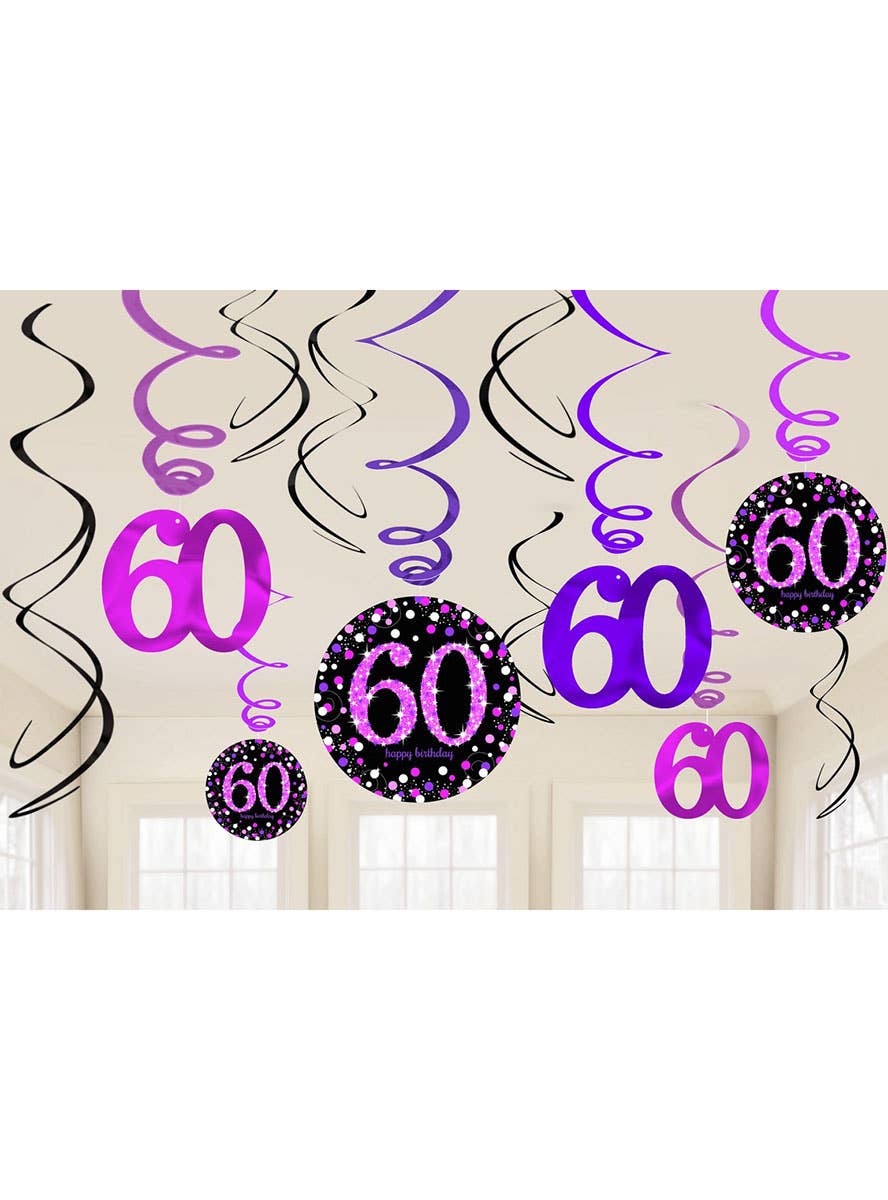 Image of 60th Birthday Black and Pink Hanging Spirals Decoration