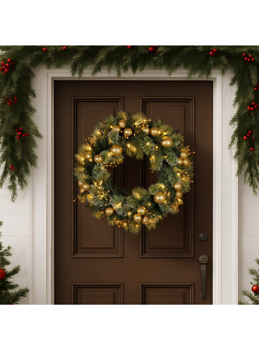 Green Christmas Garland With Lights And Gold Decorations 61cm - Alternate Image 1