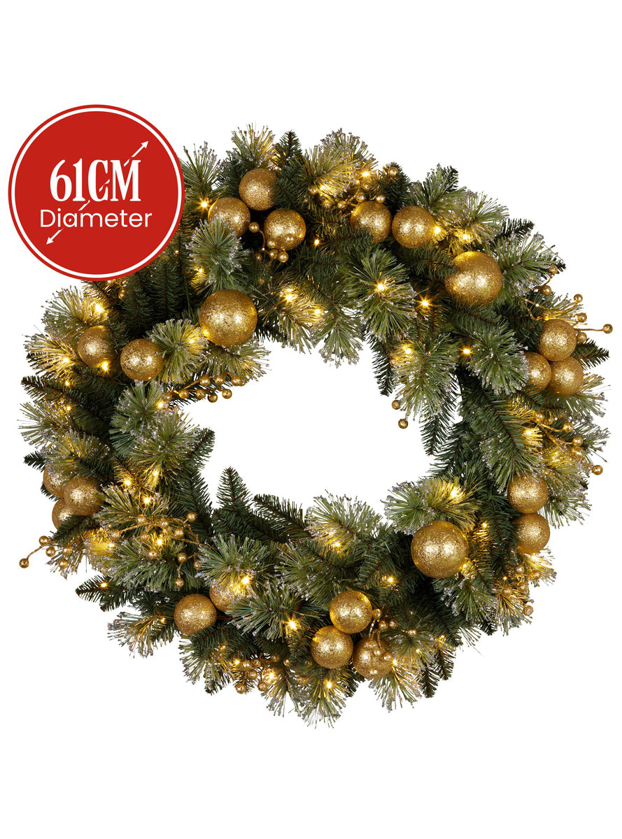 Green Christmas Garland With Lights And Gold Decorations 61cm - Dimensions Image 1