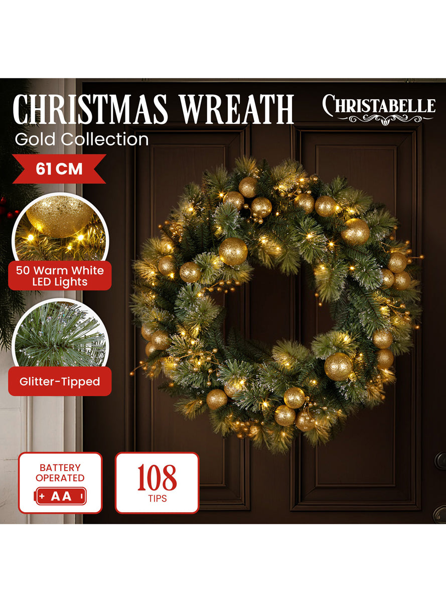 Green Christmas Garland With Lights And Gold Decorations 61cm - Info Image 1