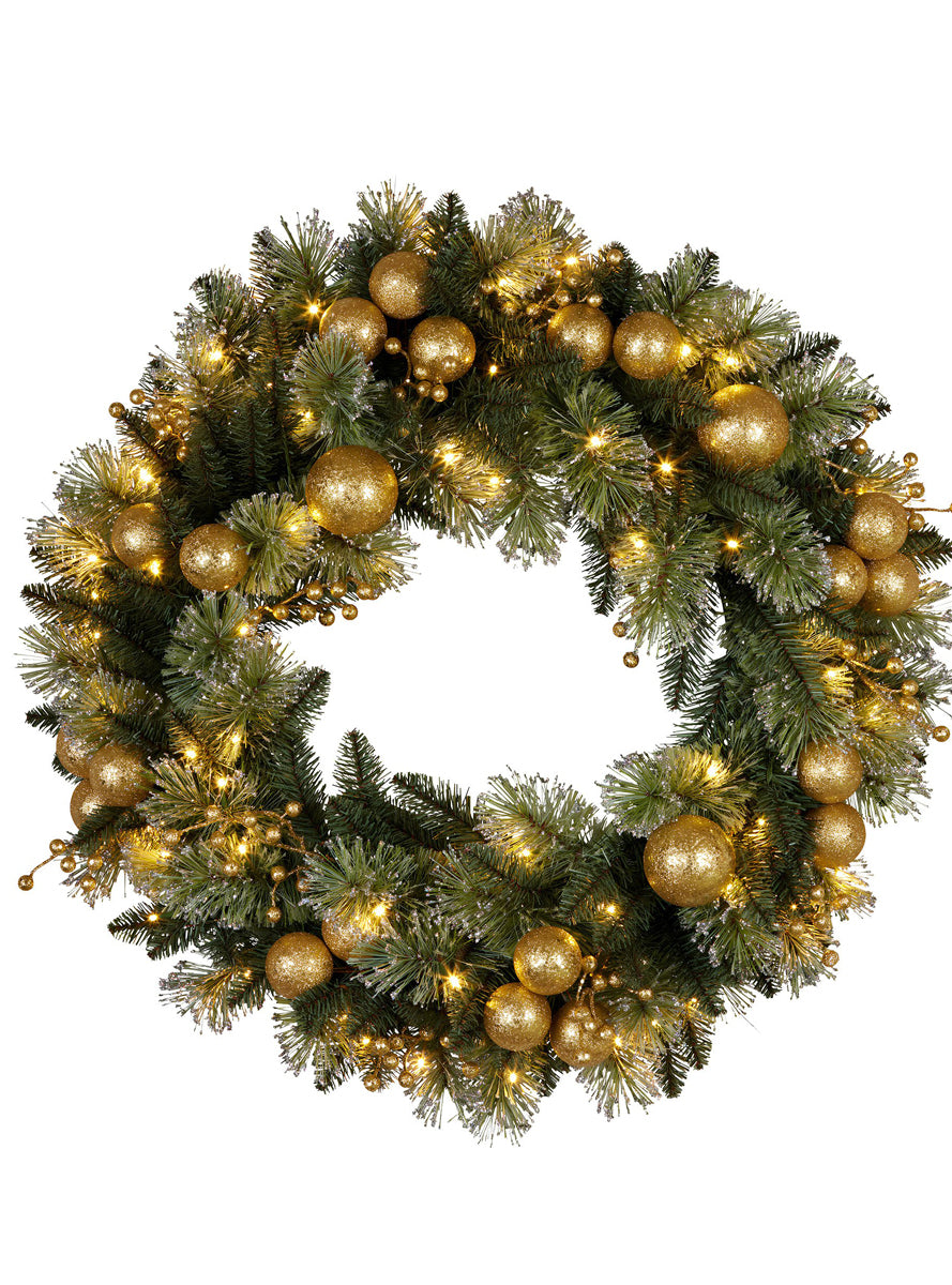 Green Christmas Garland With Lights And Gold Decorations 61cm - Main Image