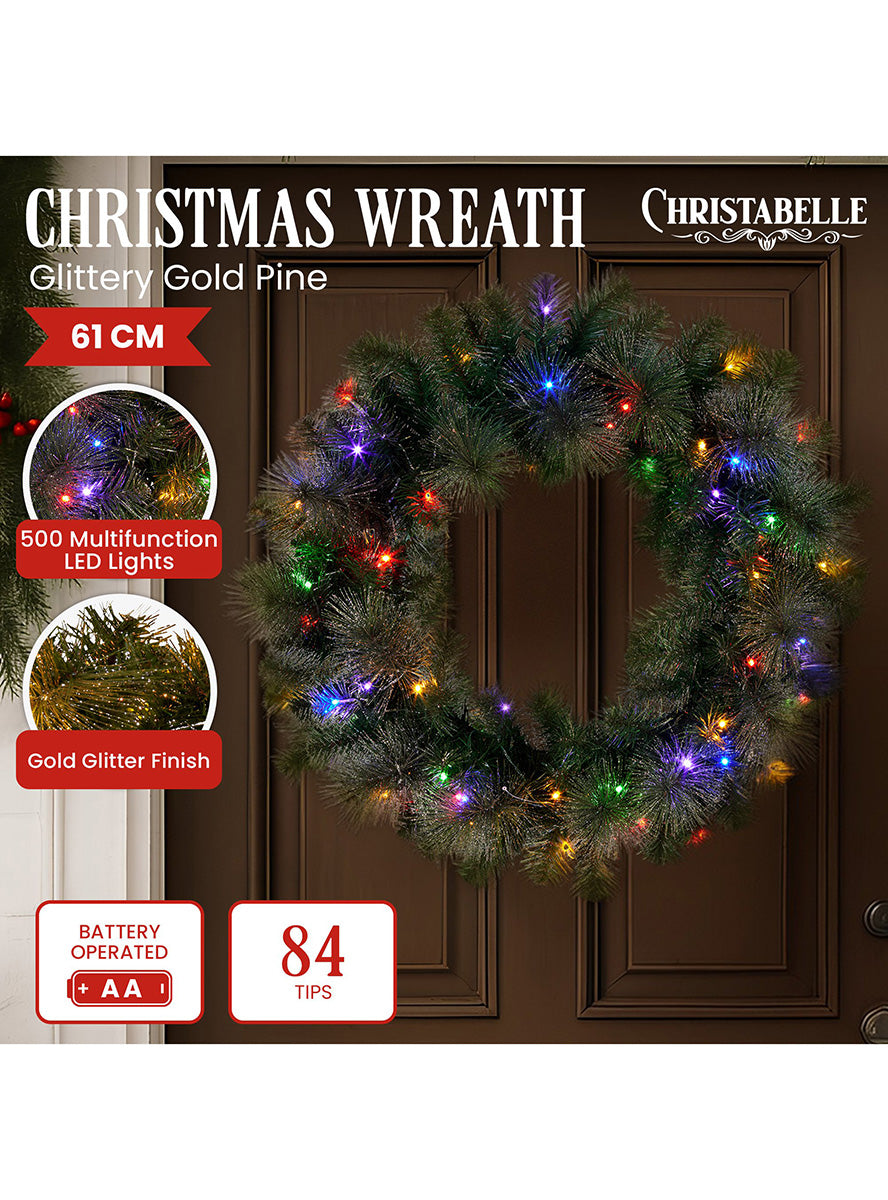 Light Up Christabelle Christmas Wreath with Glitter Door Decoration 61cm - Details Image 2