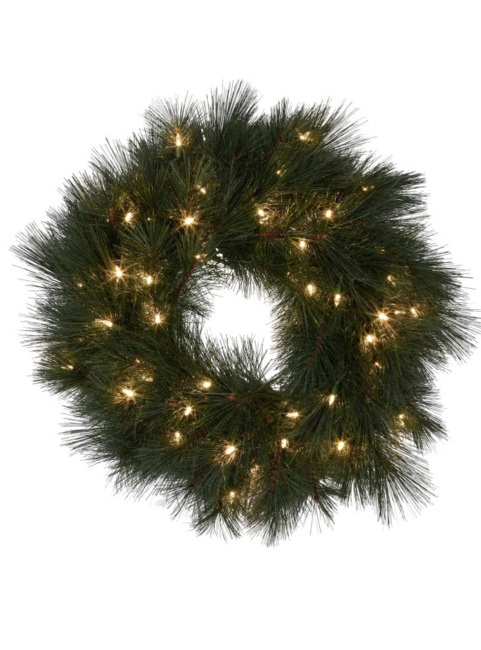 Long Pine Needle Prelit Christmas Wreath Decoration 61cm - Main Image