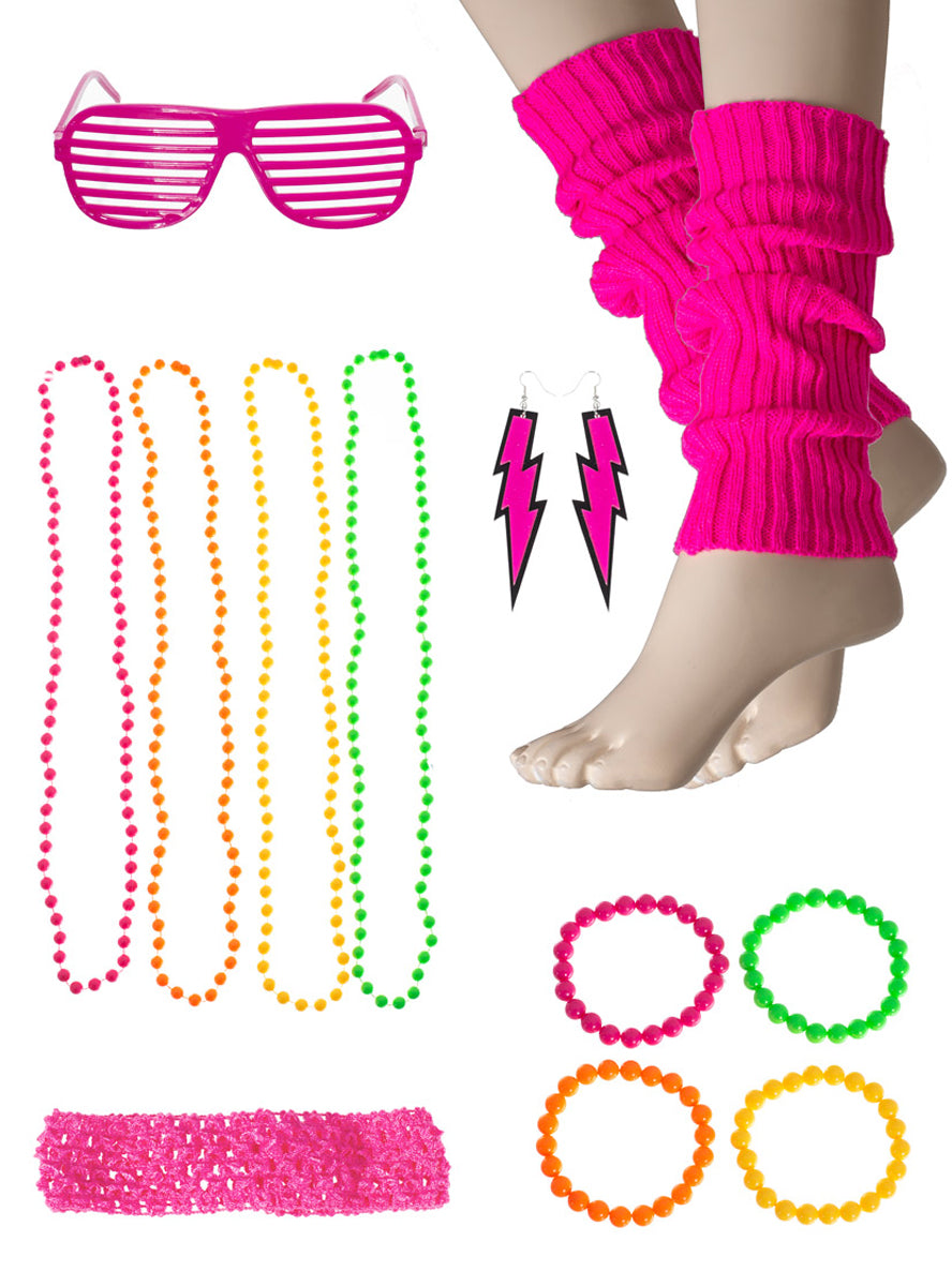 Main image of Neon Pink 1980s legwarmers And Jewellery Costume Accessory Set