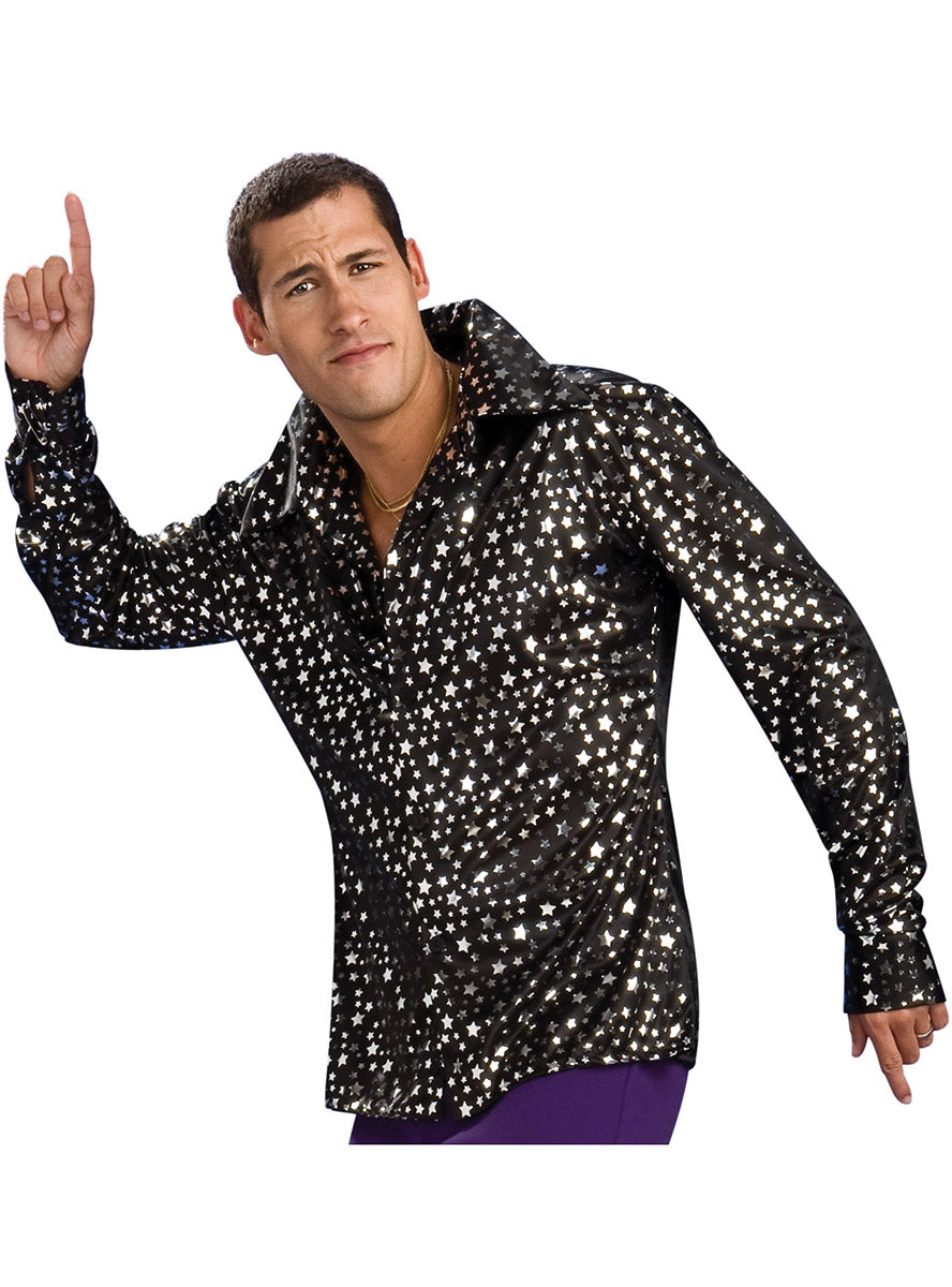70s Disco Mens Black Silver Star Print Costume Shirt - Zoom Image