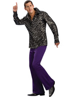 70s Disco Mens Black Silver Star Print Costume Shirt - Main Image