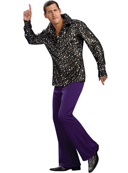 70s Disco Mens Black Silver Star Print Costume Shirt - Main Image