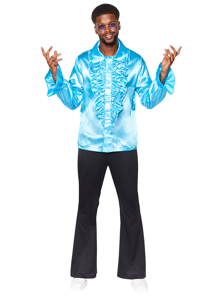 Blue Satin Mens Ruffled 1970s Disco Costume Shirt - Alternative Image