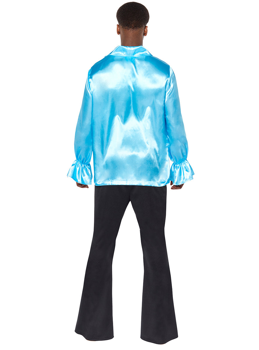 Blue Satin Mens Ruffled 1970s Disco Costume Shirt - Back Image