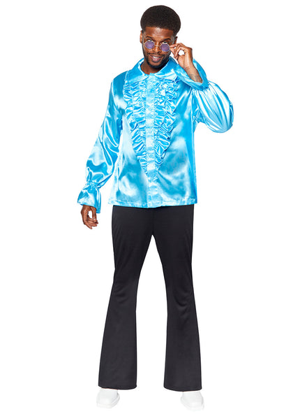 Blue Satin Mens Ruffled 1970s Disco Costume Shirt - Main Image