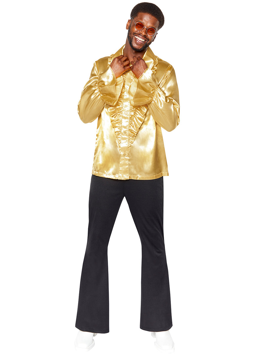 Mens Gold Ruffled Satin 1970s Costume Shirt - Main Image