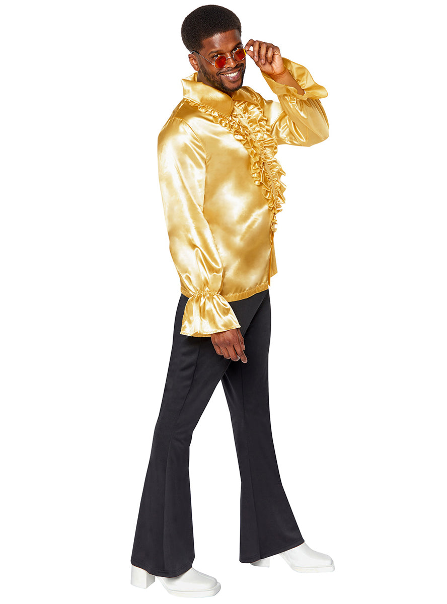 Mens Gold Ruffled Satin 1970s Costume Shirt - Side Image