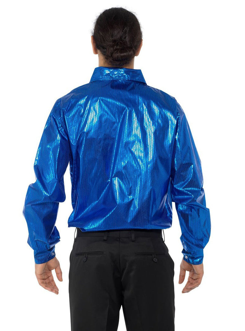 70s Disco Mens Blue Sequined Costume Shirt - Back Image