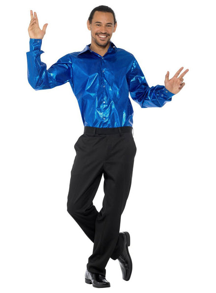 70s Disco Mens Blue Sequined Costume Shirt - Main Image