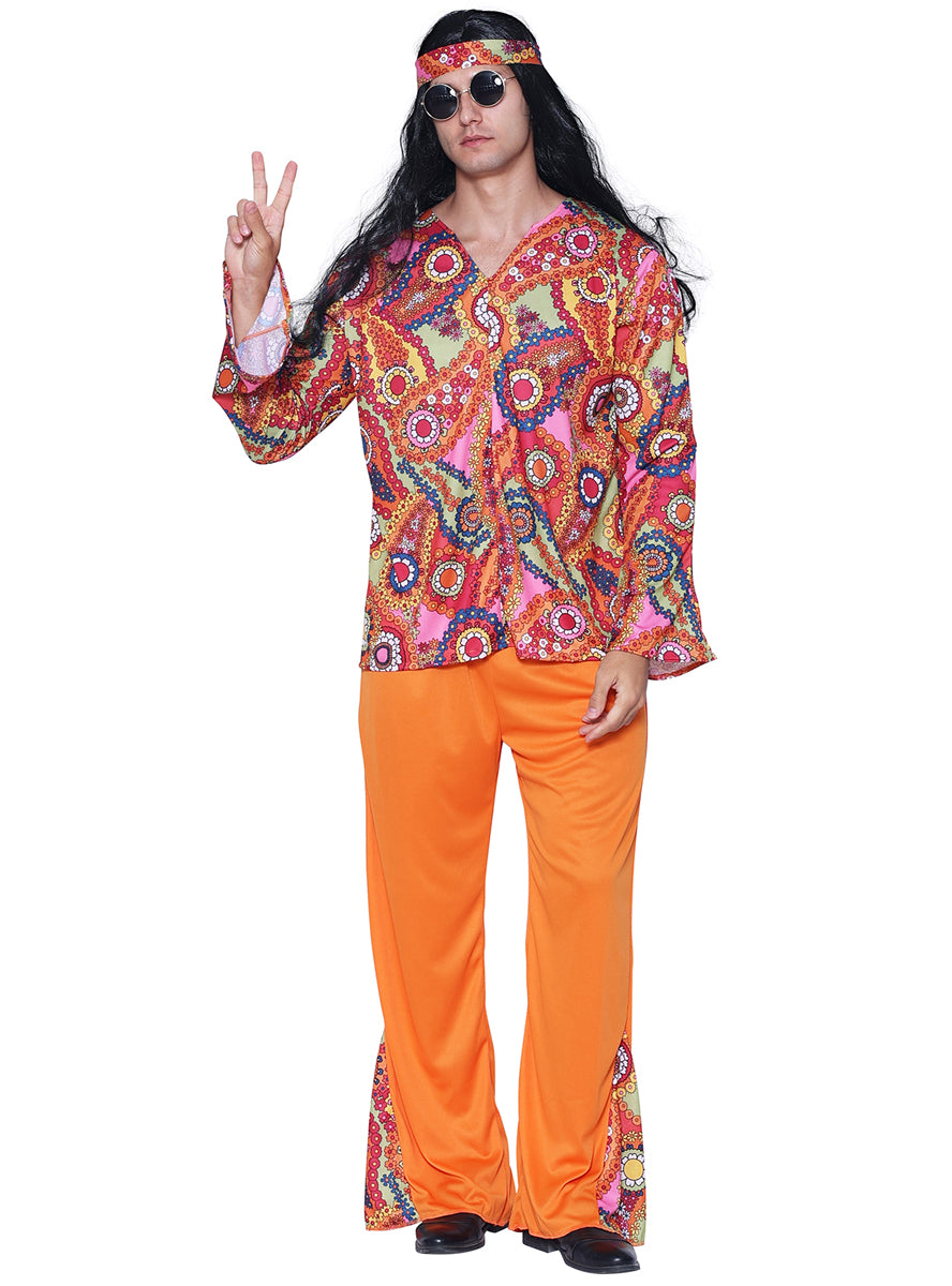 Mens Orange Paisley Print 1970s Hippie Mens  Costume - Main Image