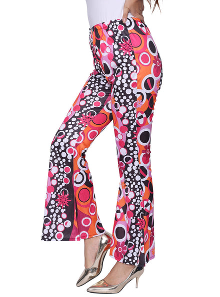 70s Disco Print Womens Pink Flared Hippie Costume Pants