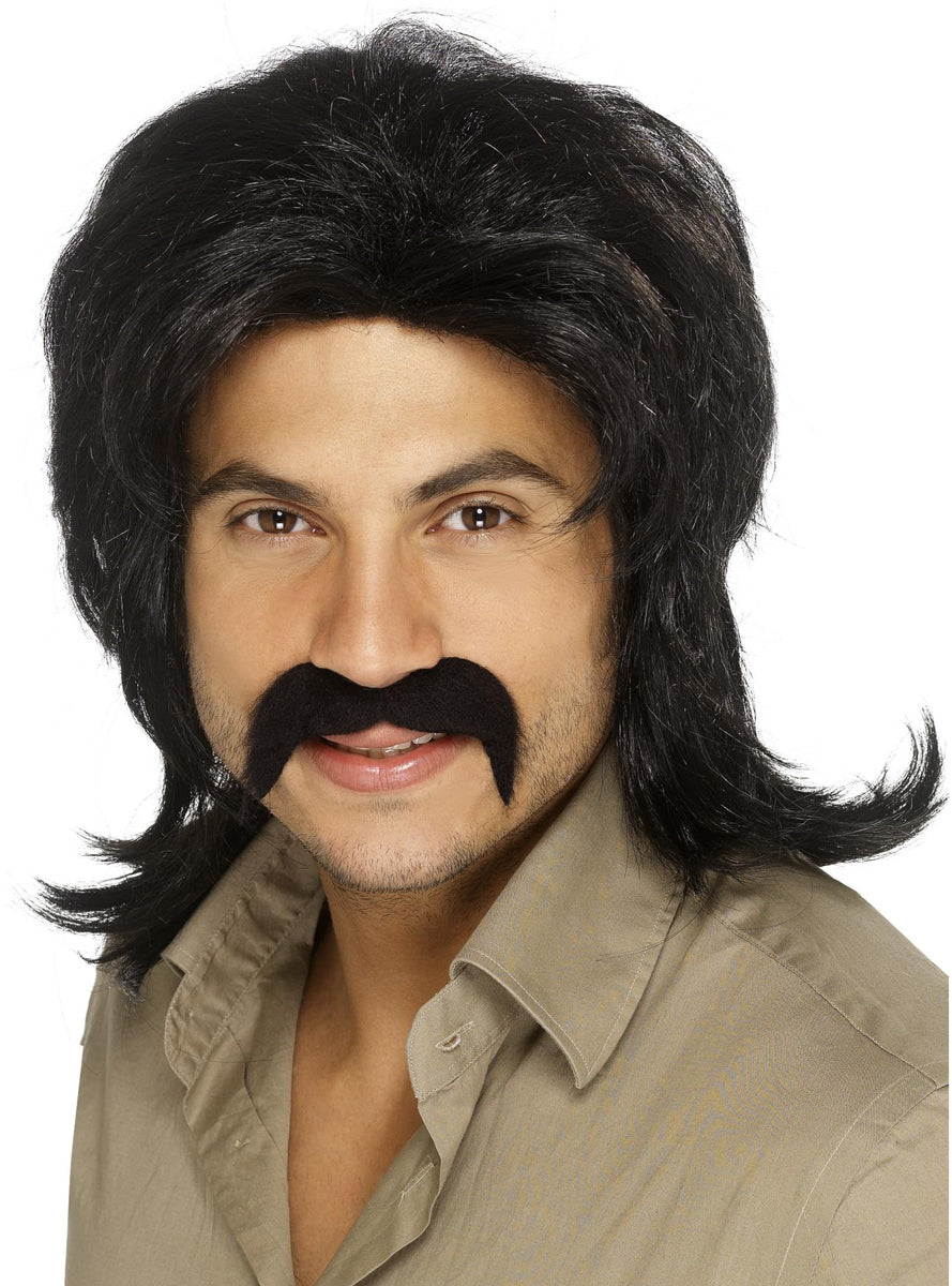 Mens 70s Disco Black Costume Wig And Moustache - Main Image