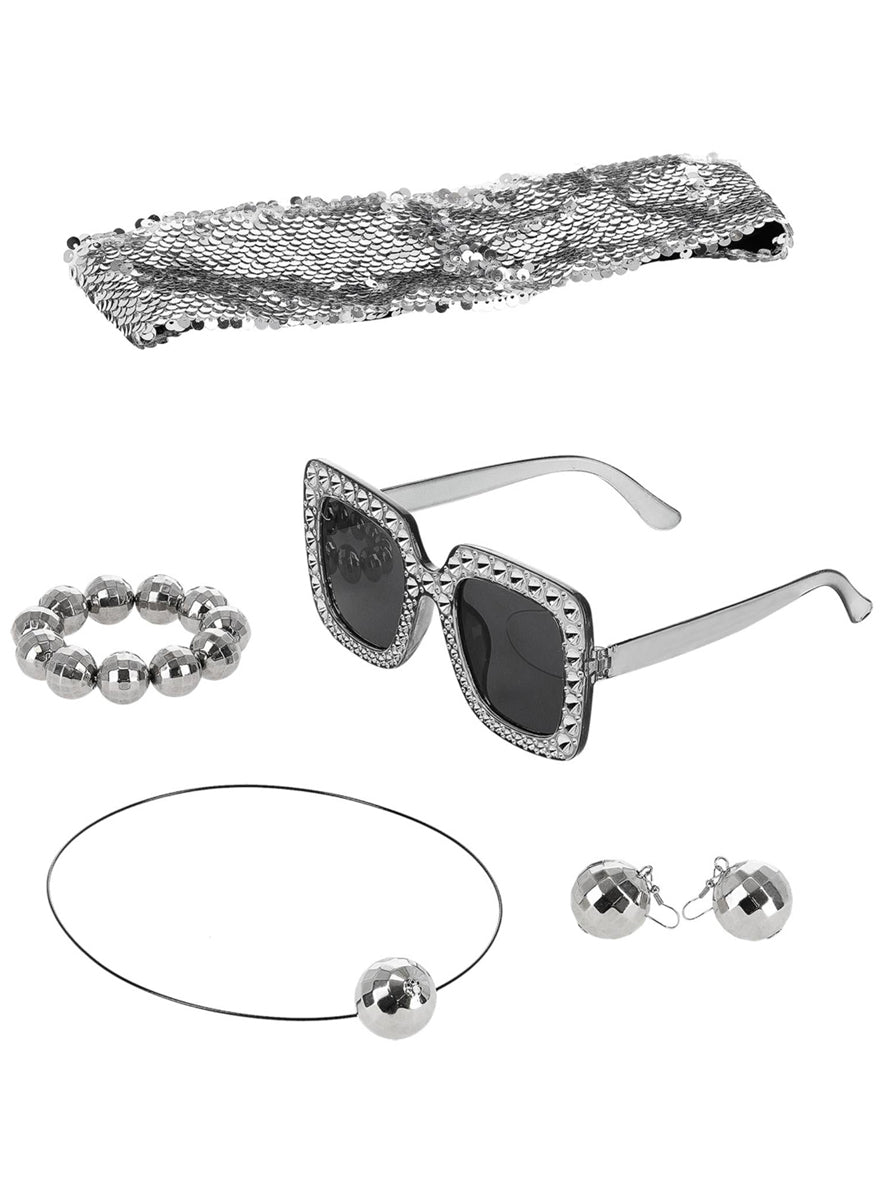 Womens Silver 70s Disco Ball Costume Accessory Set  - Alternative Image