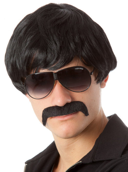 70s Detective Mens Black Costume Wig and Moustache Set - Main Image