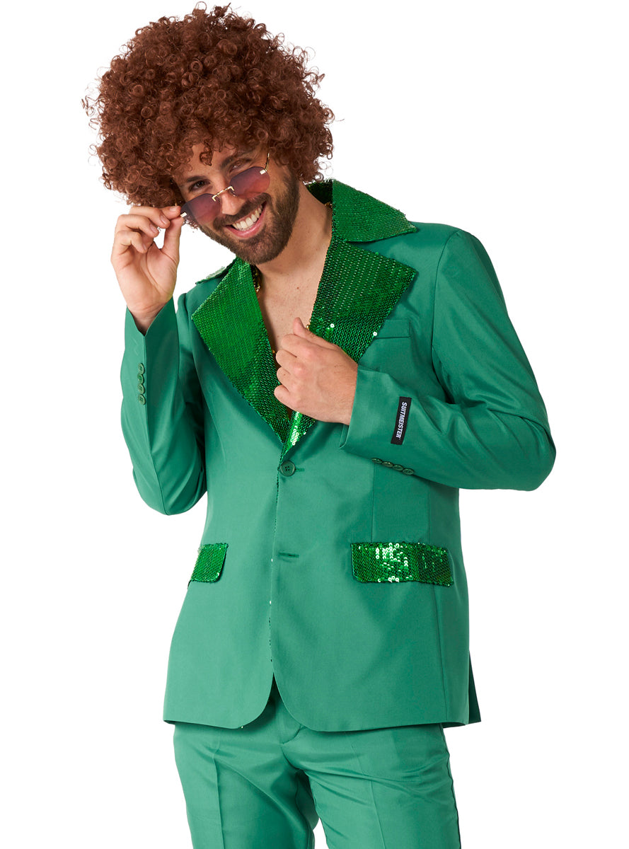 70s Disco Mens Green Flared Costume Suit - Close Image