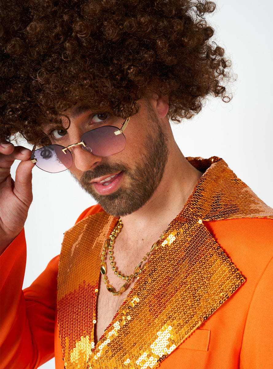 70s Disco Mens Orange Flared Costume Suit - Close Image 2