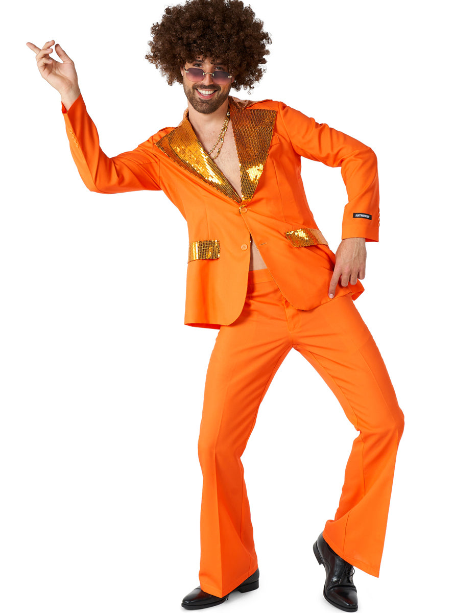 70s Disco Mens Orange Flared Costume Suit - Main Image