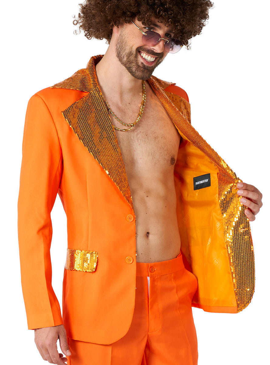 70s Disco Mens Orange Flared Costume Suit - Open Jacket Image