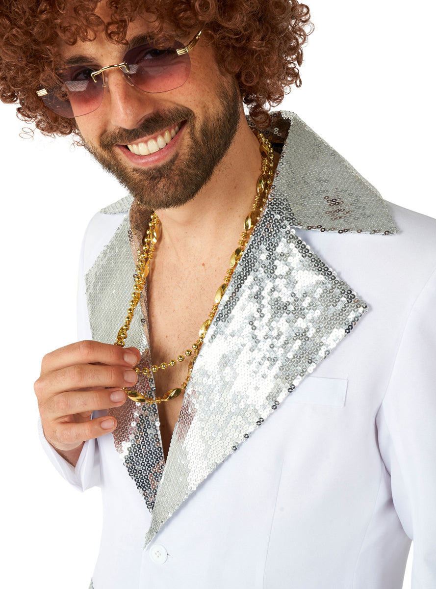 70s Disco Mens White Flared Costume Suit - Close Image 2