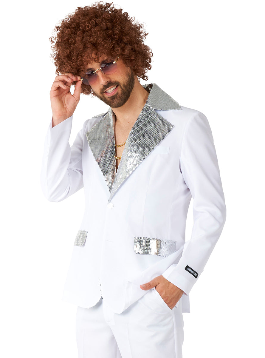 70s Disco Mens White Flared Costume Suit - Close Image