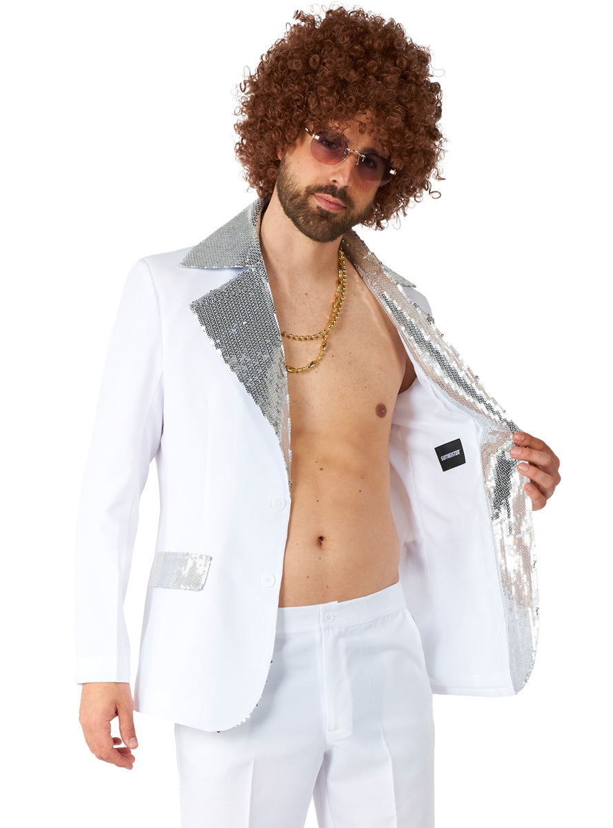 70s Disco Mens White Flared Costume Suit - Open Jacket Image