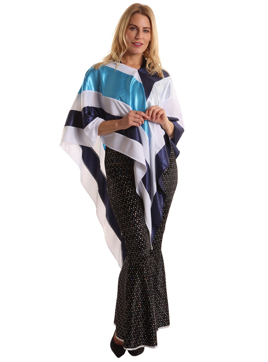 70s Disco Womens Blue And White Costume Poncho - Alternative Image 1