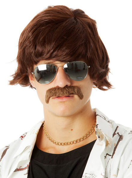 70s Mod Mens Brown Costume Wig and Moustache Set - Main Image