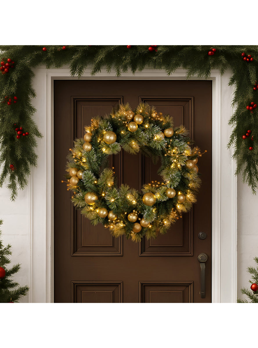 Green Christmas Wreath With Lights And Gold Decorations 76cm - Alternate Image 1