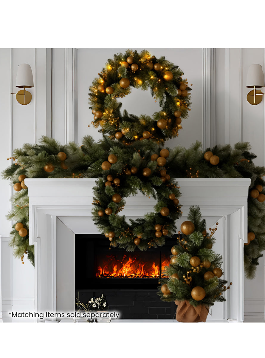 Green Christmas Wreath With Lights And Gold Decorations 76cm - Alternate Image 2