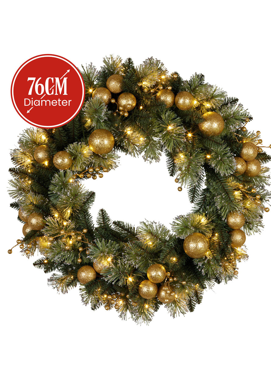 Green Christmas Wreath With Lights And Gold Decorations 76cm - Dimensions Image 1