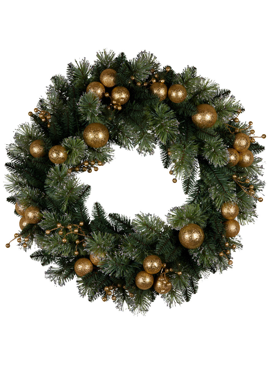 Green Christmas Wreath With Lights And Gold Decorations 76cm - Unlit Image 1