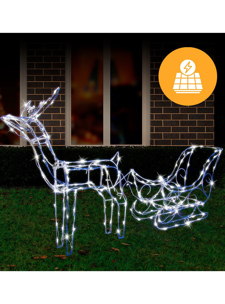 Reindeer with Sleigh 80cm Cool White LED Solar Christmas Light Decoration - Main Image