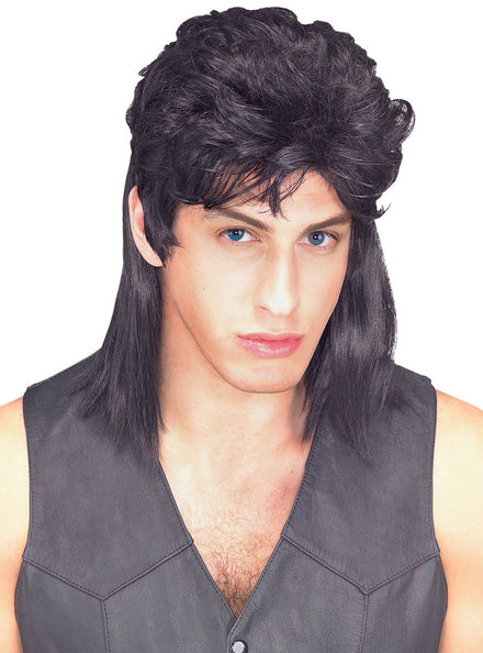 Black Bogan Mullet Mens 80s Costume Wig - Main Image