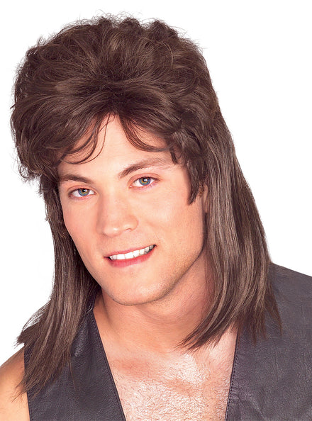 Mens Brown 80s Bogan Mullet Costume Wig - Main Image