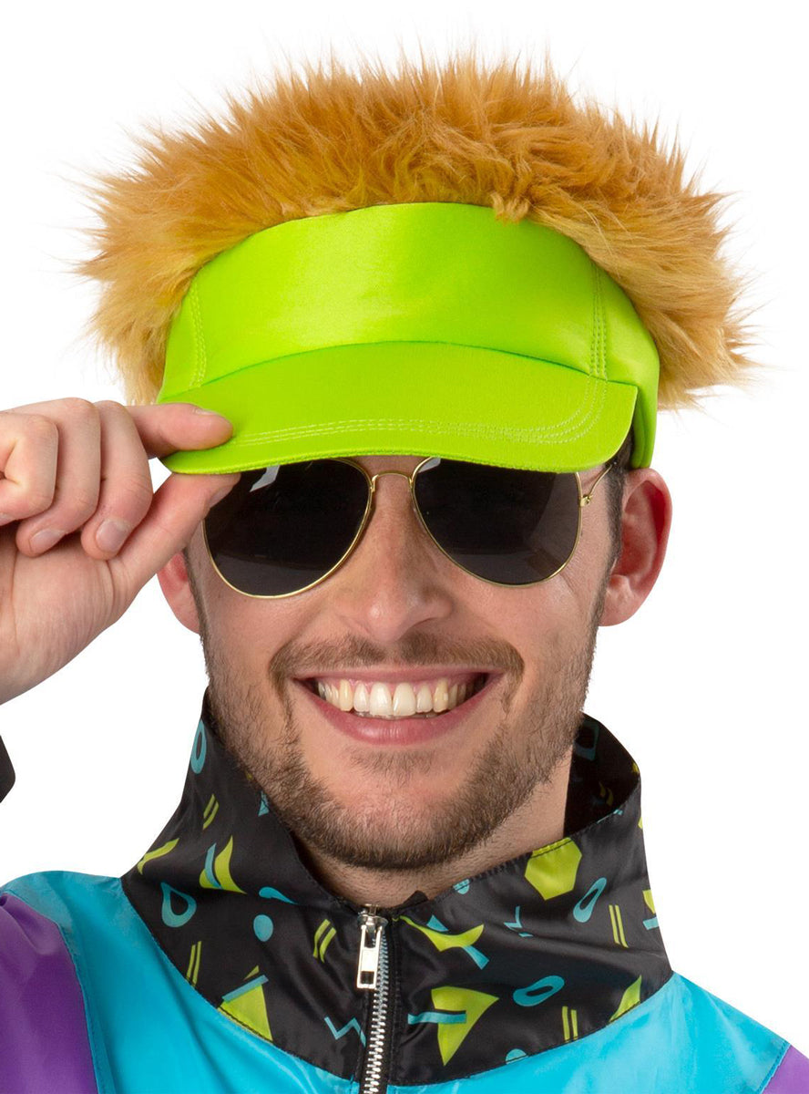 Neon green 80s visor hat with attached hair - Main image