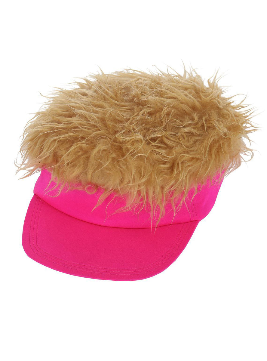 Neon pink 80s visor hat with attached hair - Alternative Image