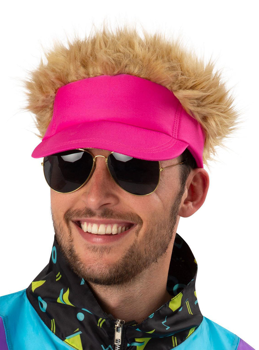 Neon pink 80s visor hat with attached hair - Main Image