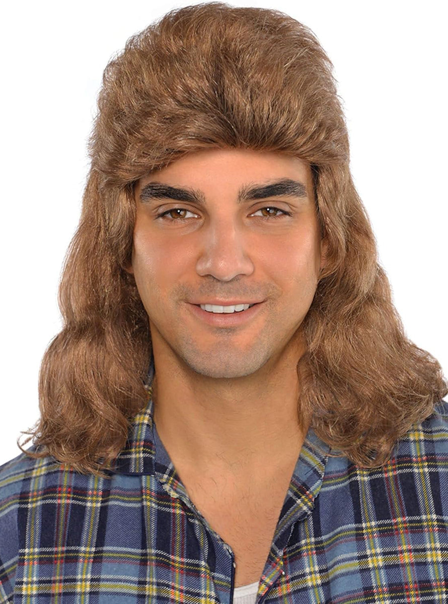 1980s Mens Brown Bogan Mullet Wig - Main Image