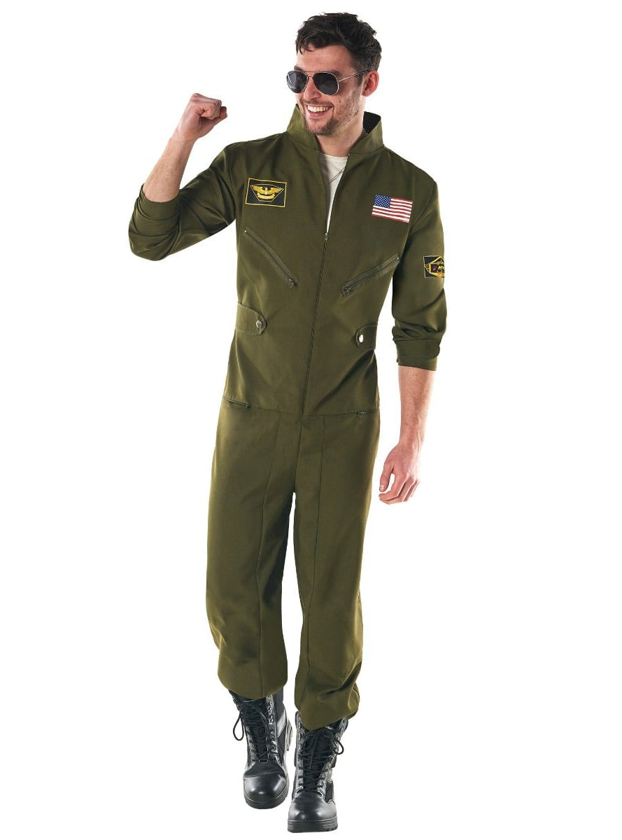 80s Green Aviator Mens Flight Suit Costume - Alternative Image 2
