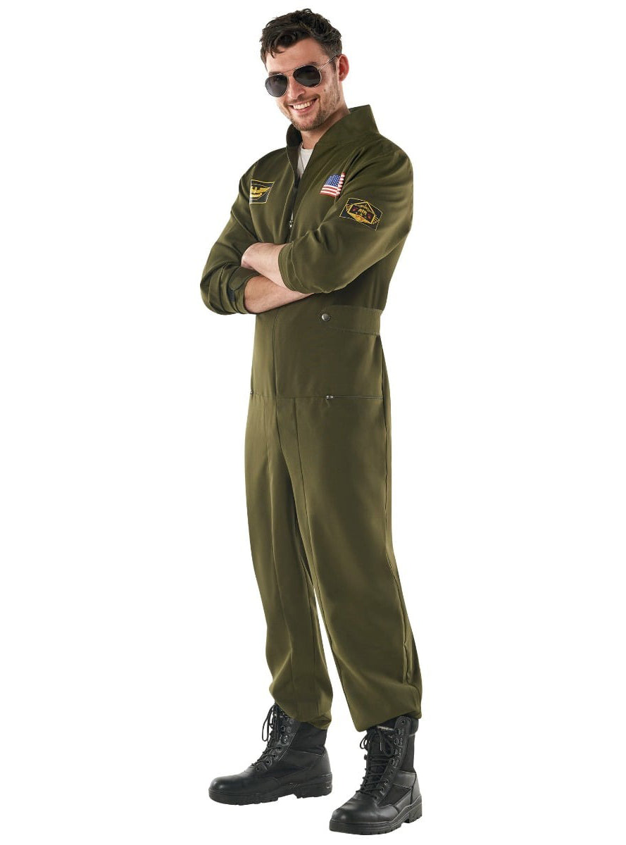 80s Green Aviator Mens Flight Suit Costume - Alternative Image 3