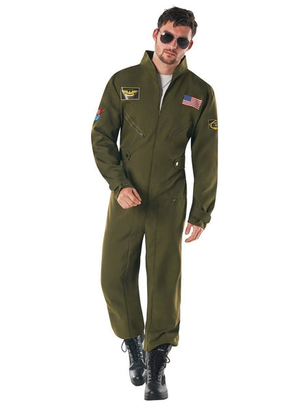 80s Green Aviator Mens Flight Suit Costume - Main Image