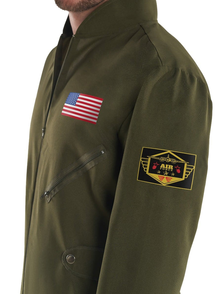 80s Green Aviator Mens Flight Suit Costume - Side Image 1