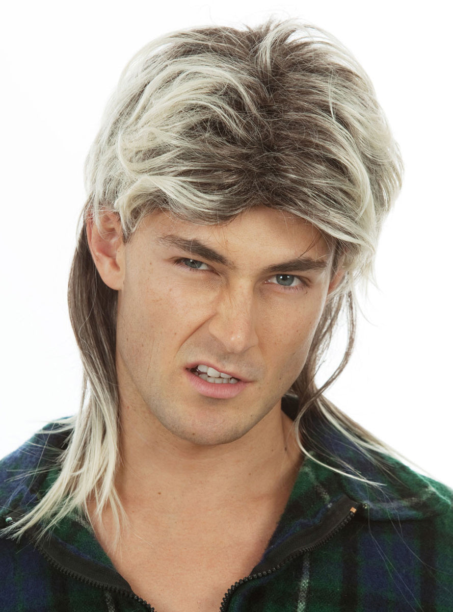 80s Mens Blonde Bogan Mullet Costume Wig - Back Image
