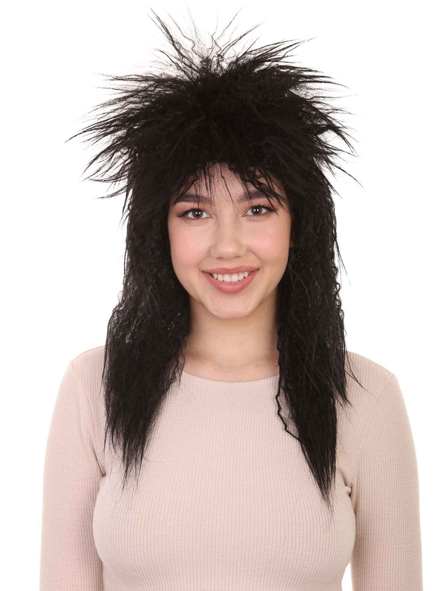 80s Rock Diva Womens Crimped Black Costume Wig - Alternative Image