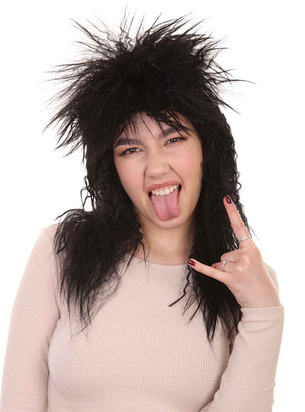 80s Rock Diva Womens Crimped Black Costume Wig - Main Image